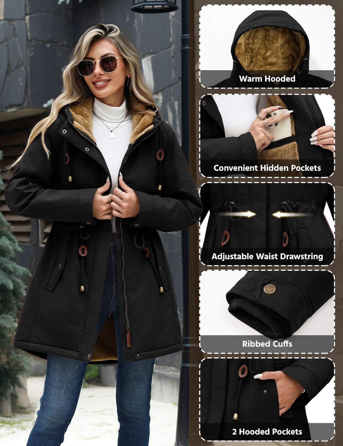 Damen-Fleeceparka, mit Kapuze, lang und warm