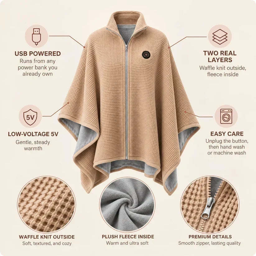 🎁Black Friday Deal｜Washable Fleece USB Heated Wrap Poncho