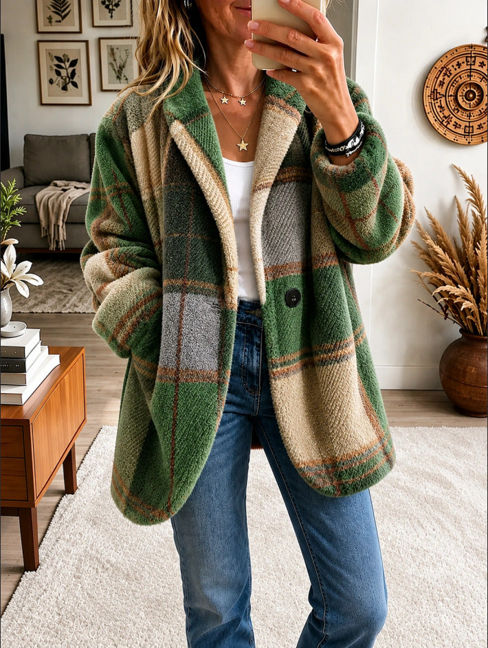 ✨ Kuscheliger Fleece-Mantel im Karodesign – Kräftige Farben, müheloser Stil