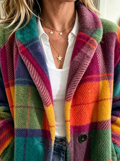 ✨ Kuscheliger Fleece-Mantel im Karodesign – Kräftige Farben, müheloser Stil